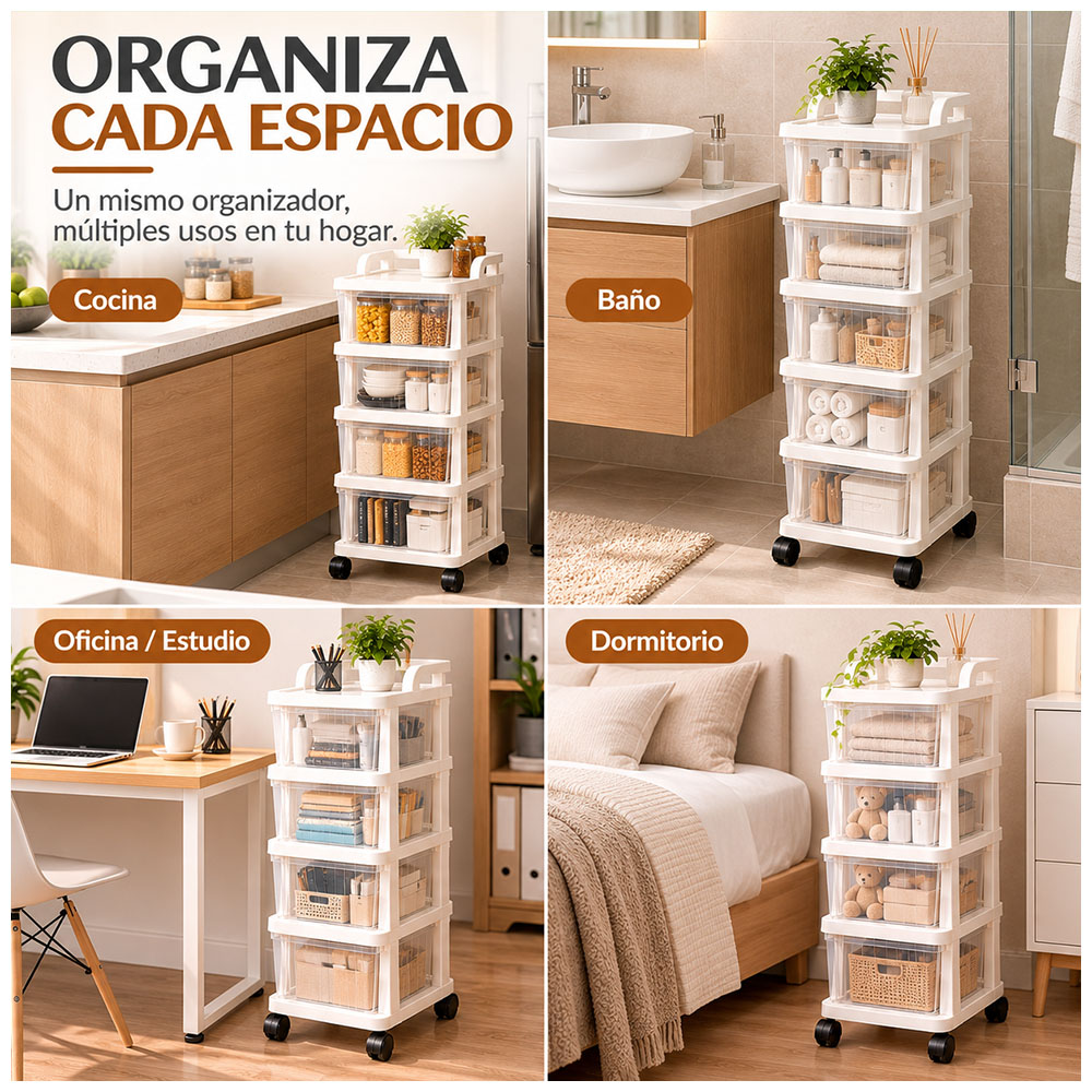 CARRITO ORGANIZADOR MULTIUSO 4 NIVELES CON CAJONES Y RUEDAS 360° PARA COCINA KH5 - 3