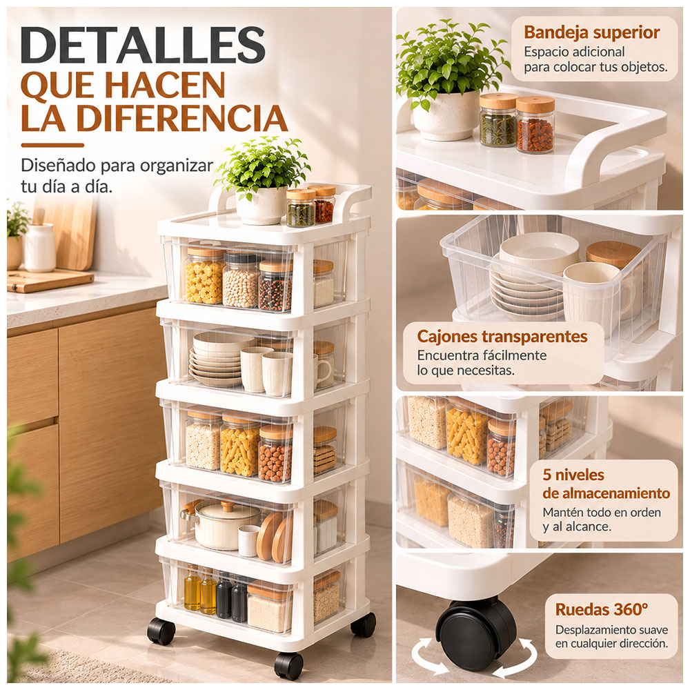 CARRITO ORGANIZADOR MULTIUSO 4 NIVELES CON CAJONES Y RUEDAS 360° PARA COCINA KH5 - 5