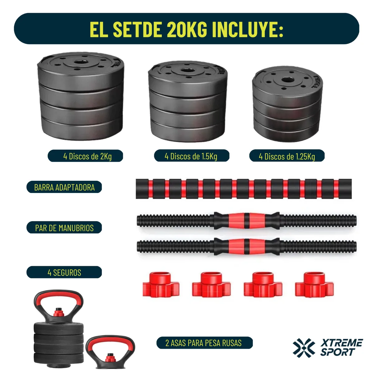 MANCUERNAS SET DE 20KG PESAS CONVERTIBLES 5 EN 1 | Negro - 2