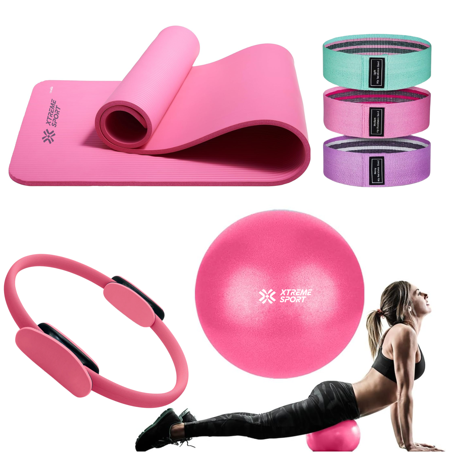 EQUIPO DE PILATES PARA ENTRENAMIENTO PELOTA 25CM + MAT Y BANDAS ROSADO - 1