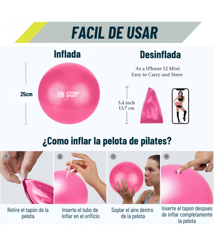 EQUIPO DE PILATES PARA ENTRENAMIENTO PELOTA 25CM + MAT Y BANDAS ROSADO - 4