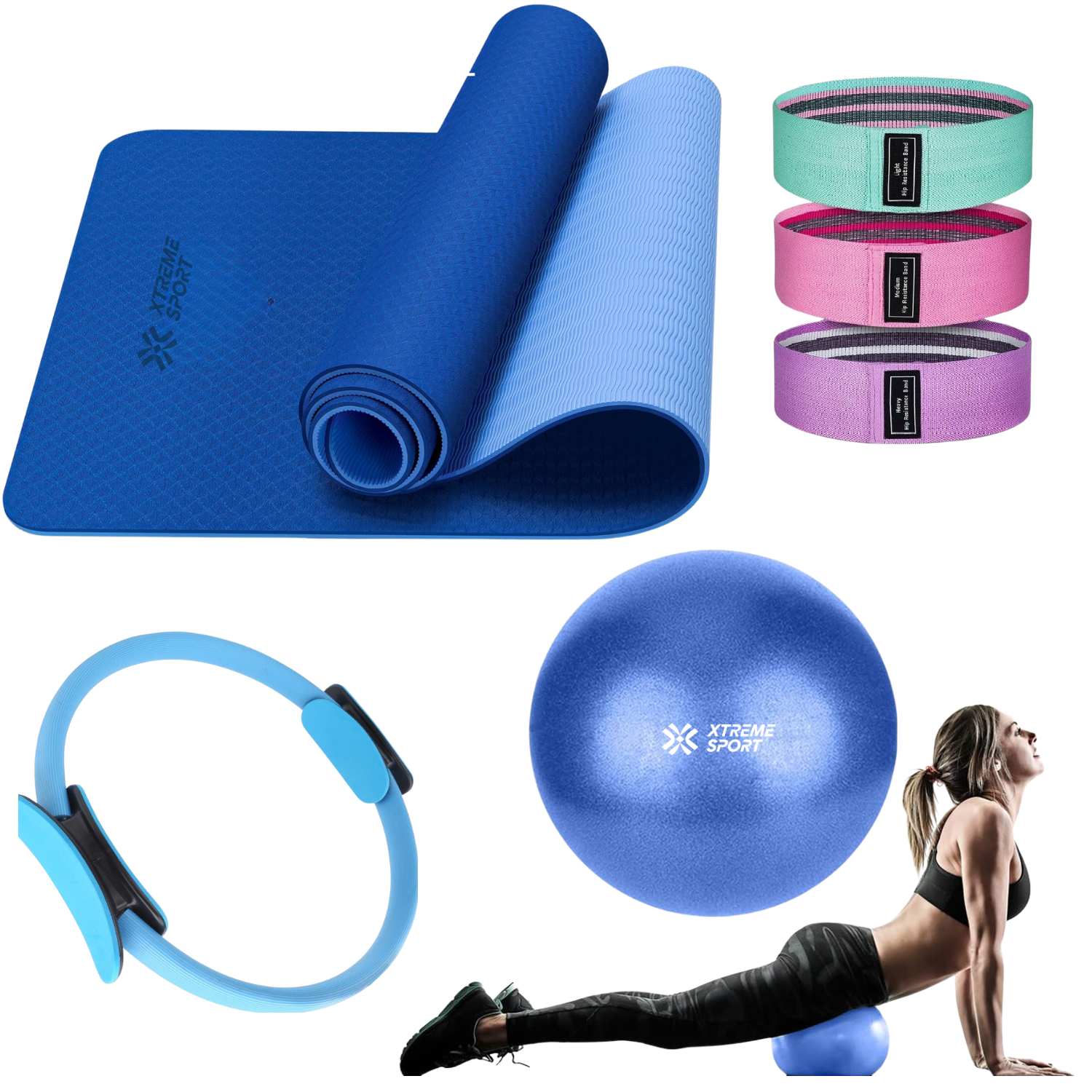EQUIPO DE PILATES PARA ENTRENAMIENTO PELOTA 25CM + MAT Y BANDAS AZUL - 1