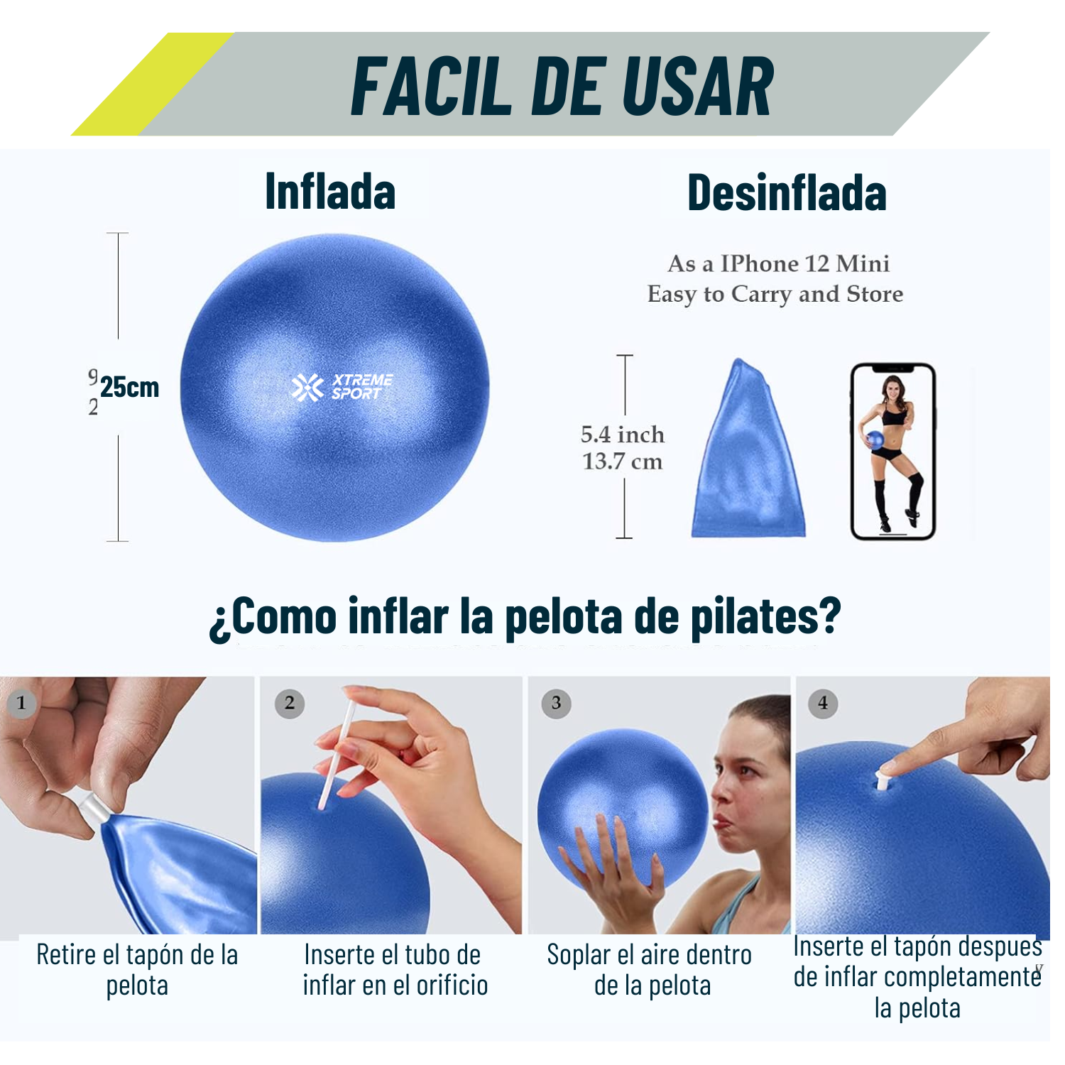 EQUIPO DE PILATES PARA ENTRENAMIENTO PELOTA 25CM + MAT Y BANDAS AZUL - 3