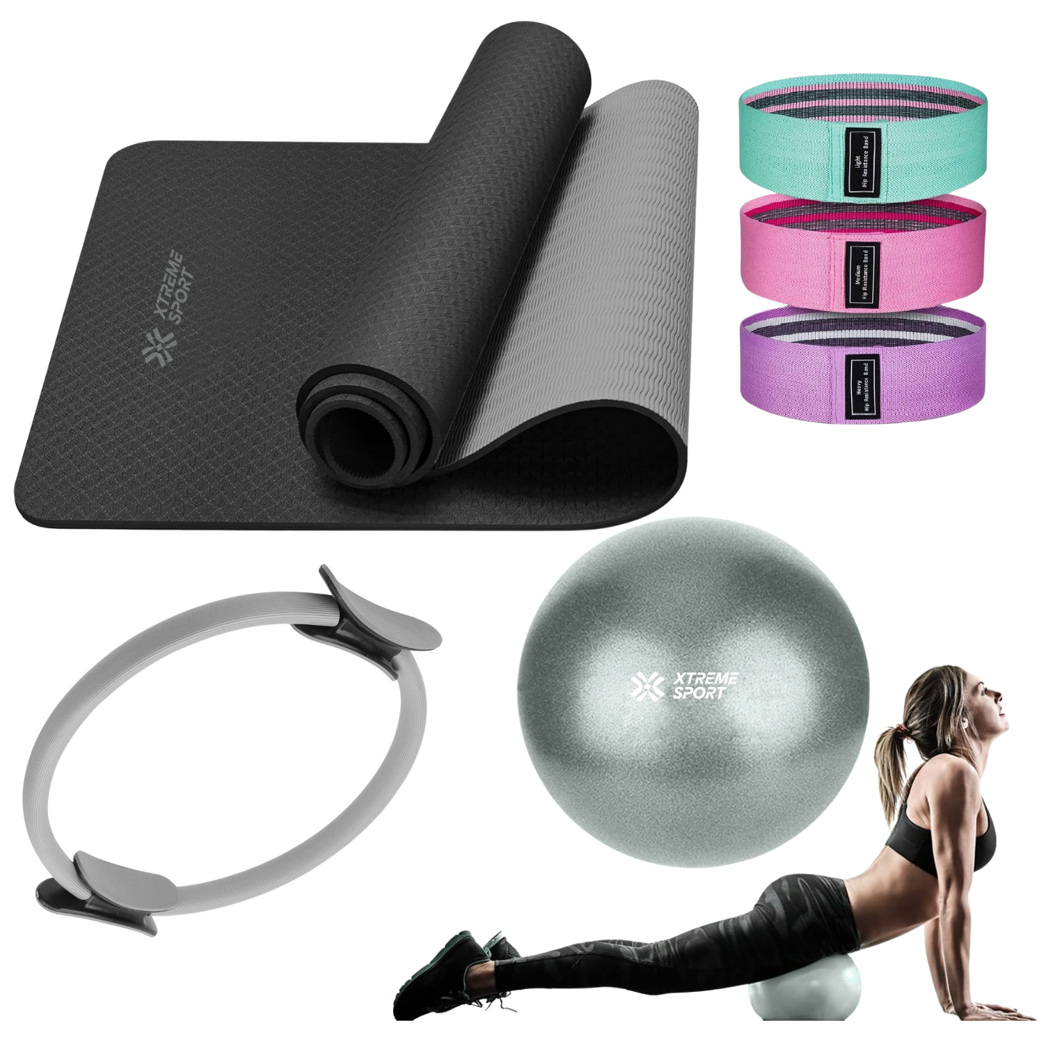 EQUIPO DE PILATES GRIS PARA ENTRENAMIENTO PELOTA 25CM + MAT Y BANDAS - 1