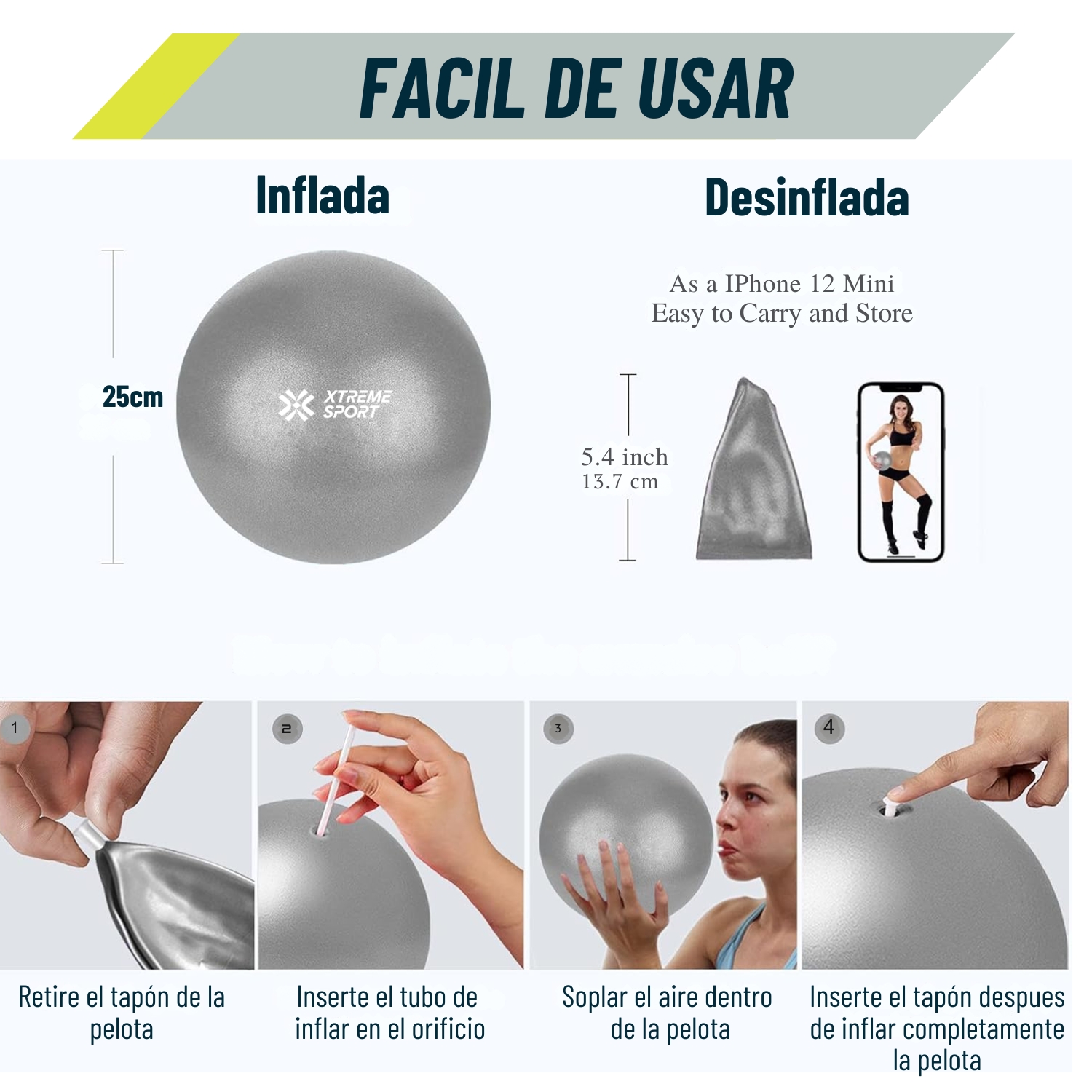 EQUIPO DE PILATES GRIS PARA ENTRENAMIENTO PELOTA 25CM + MAT Y BANDAS - 3