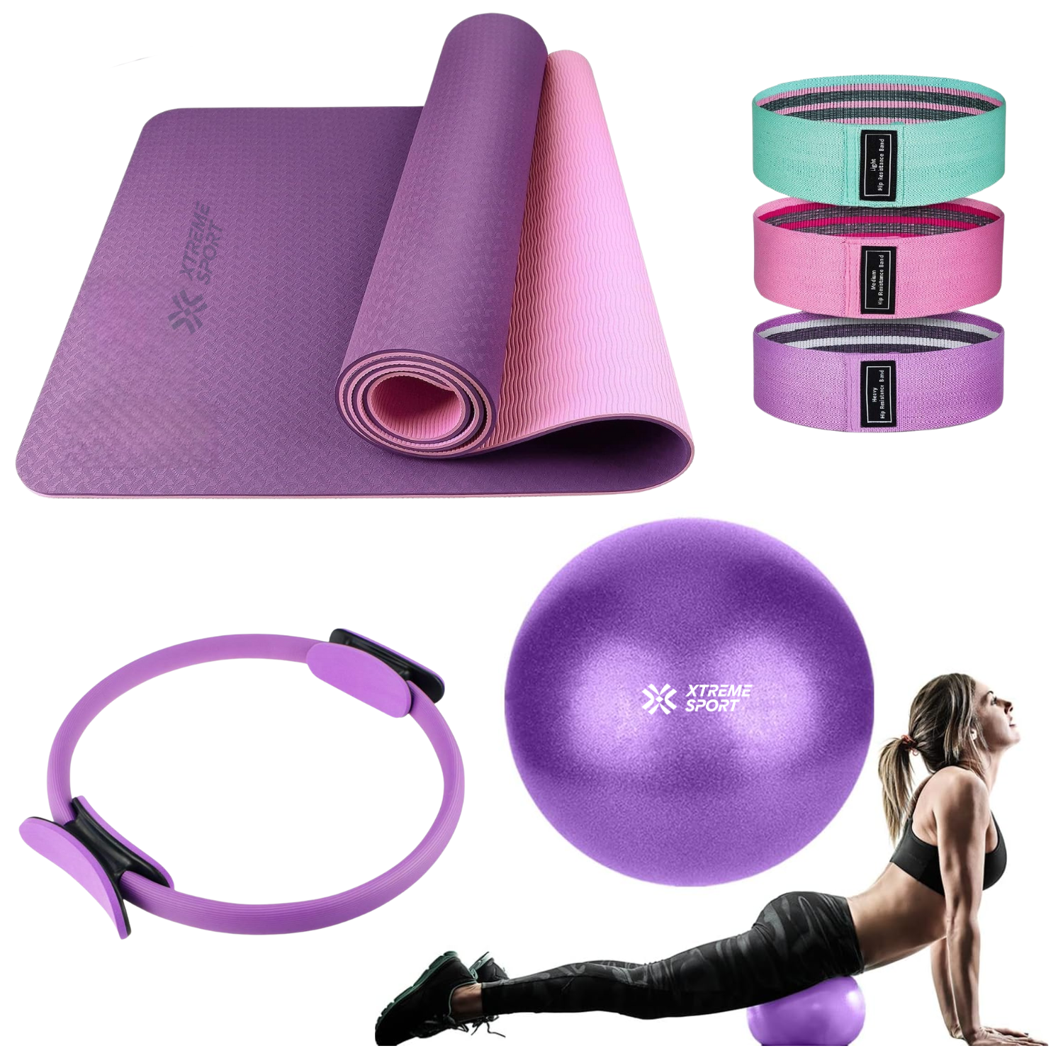 EQUIPO DE PILATES MORADO PARA ENTRENAMIENTO PELOTA 25CM + MAT Y BANDAS - 1