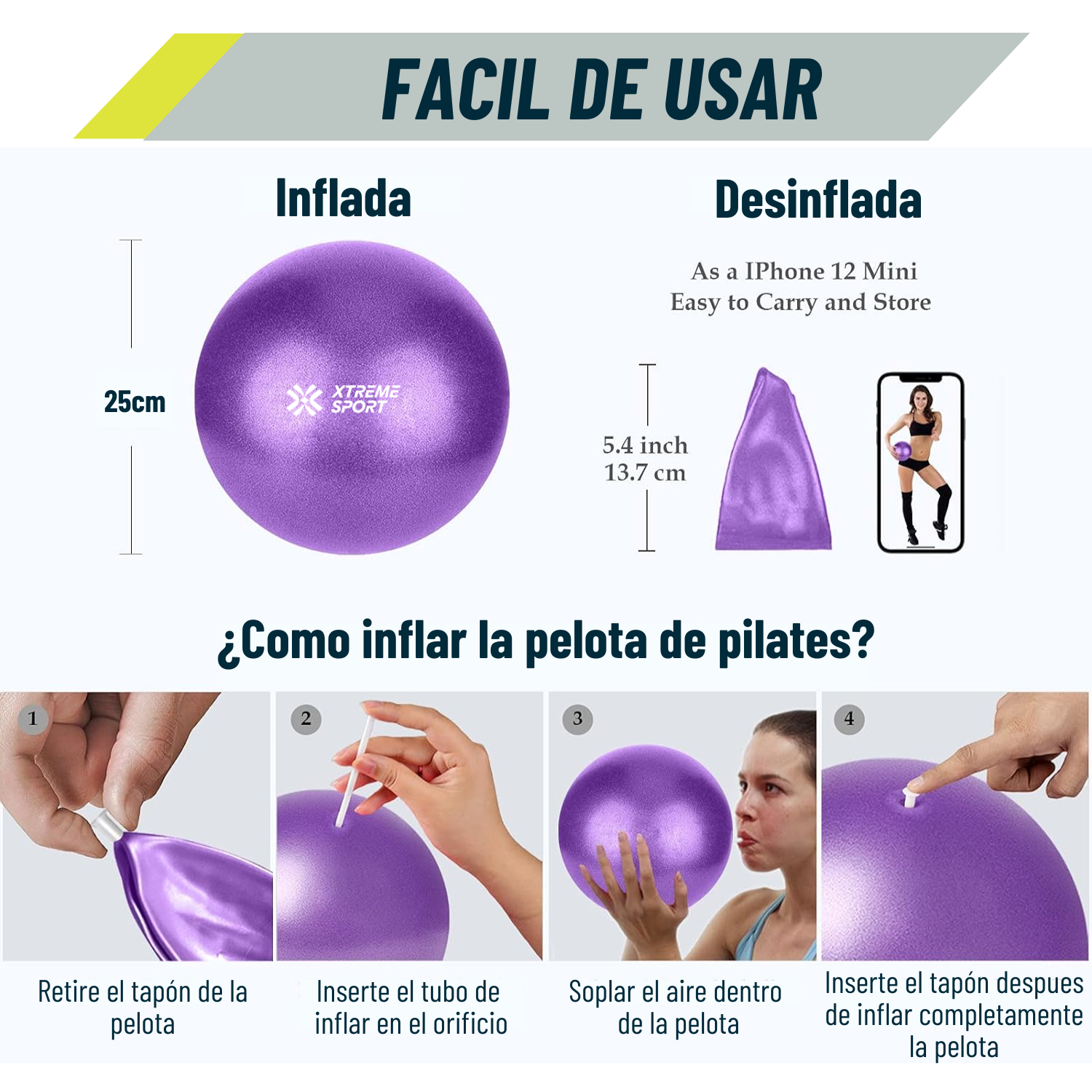 EQUIPO DE PILATES MORADO PARA ENTRENAMIENTO PELOTA 25CM + MAT Y BANDAS - 3