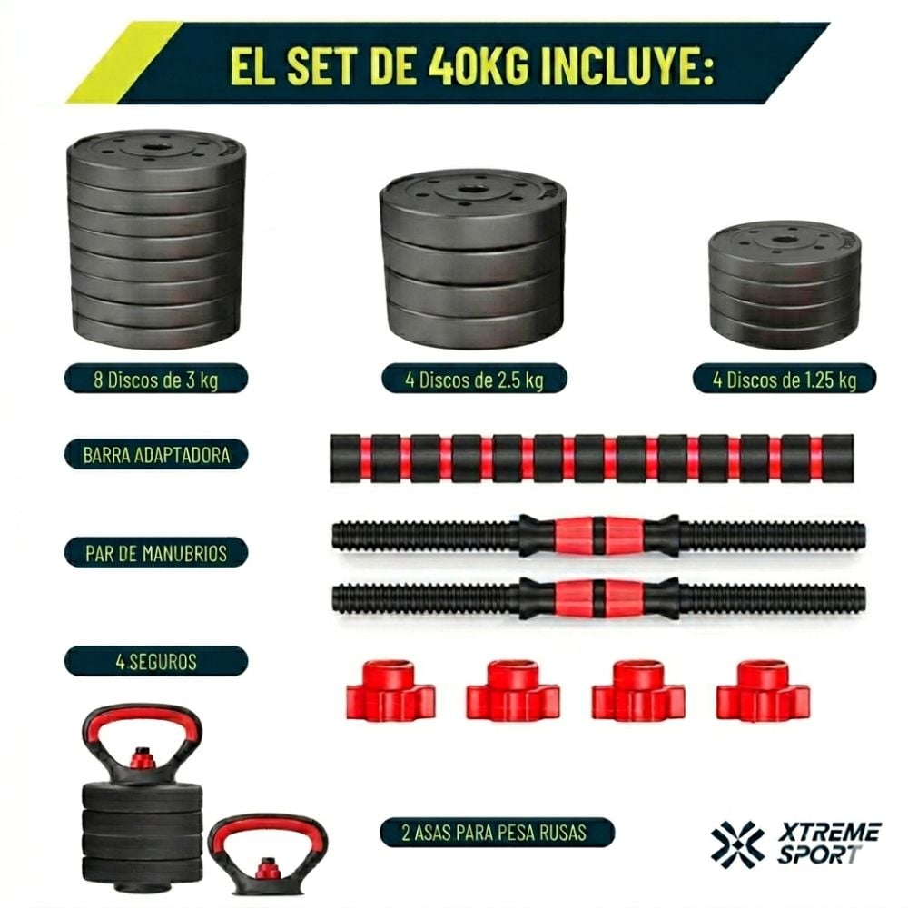 MANCUERNAS SET DE 40 KG CONVERTIBLES + BARRA + ASAS - 4