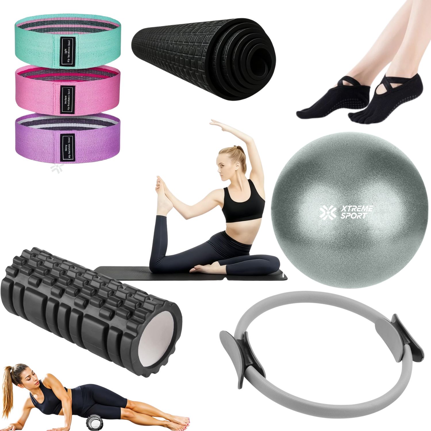 COMBO PILATES PRO 6 EN 1 PELOTA + BANDAS + MAT + ARO + ROLLER + CALCETINES ANTIDESLIZANTES - 1