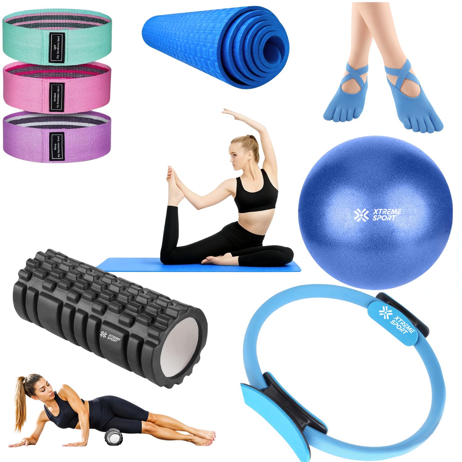 COMBO PILATES PRO 6 EN 1 PELOTA + BANDAS + MAT + ARO + ROLLER + CALCETINES ANTIDESLIZANTES - 1