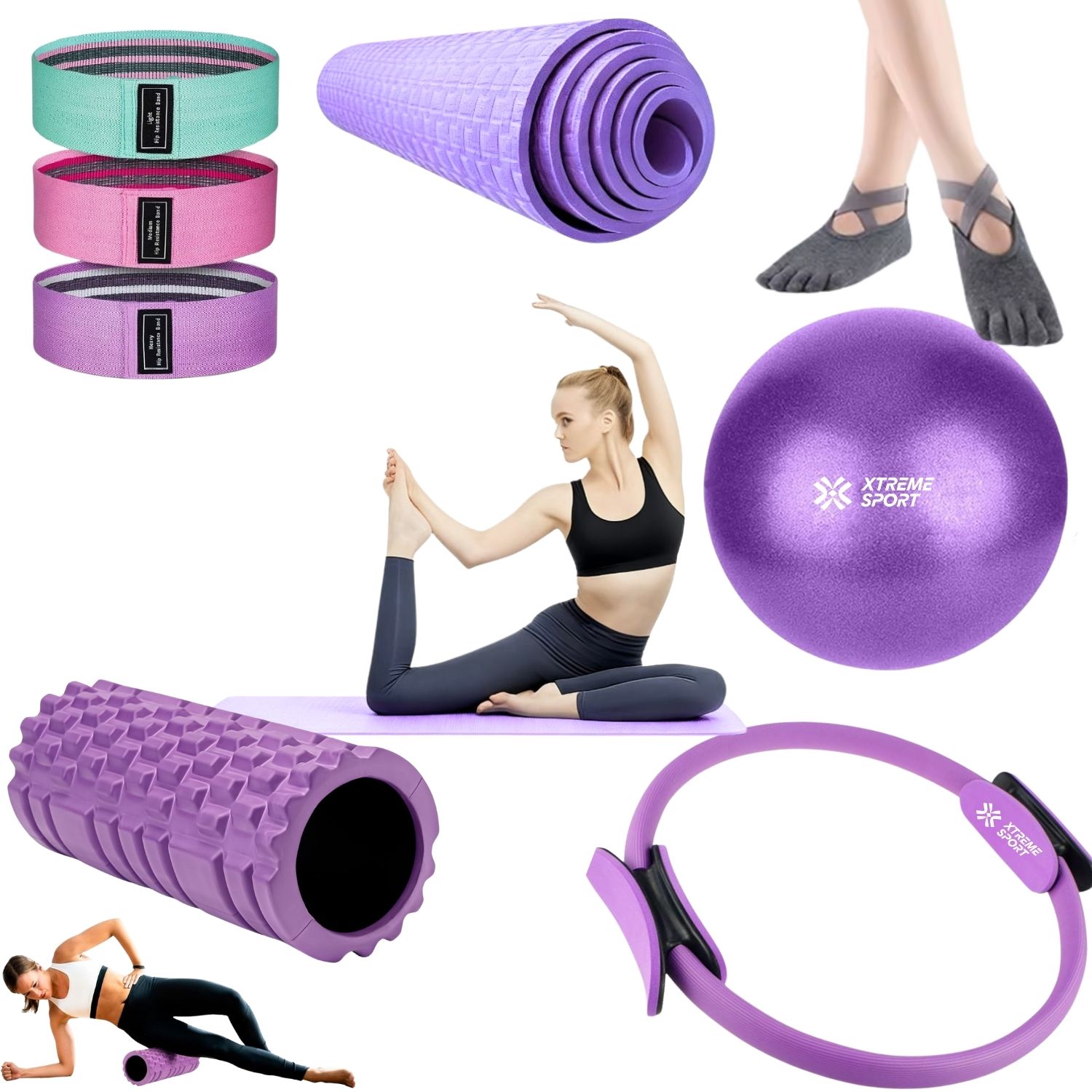 COMBO PILATES PRO 6 EN 1 PELOTA + BANDAS + MAT + ARO + ROLLER + CALCETINES ANTIDESLIZANTES - 1