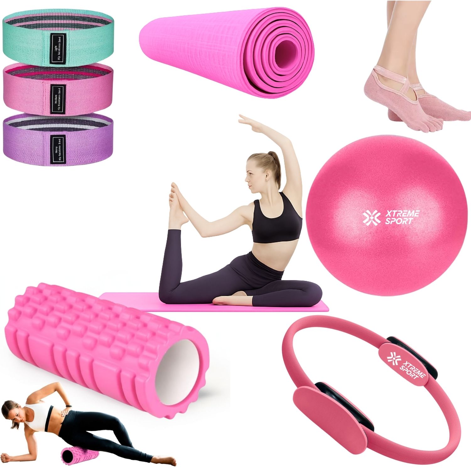 COMBO PILATES PRO 6 EN 1 PELOTA + BANDAS + MAT + ARO + ROLLER + CALCETINES ANTIDESLIZANTES - 1