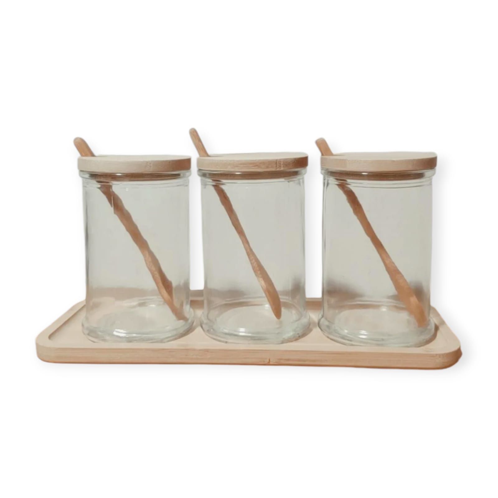 SET ACCESORIOS COCINA ZARA ALMOHADAS.PE MINIMALISTA MADERA NATURAL CONTENEDORES CONDIMENTEROS VIDRIO + FUENTE BAMBU - 1