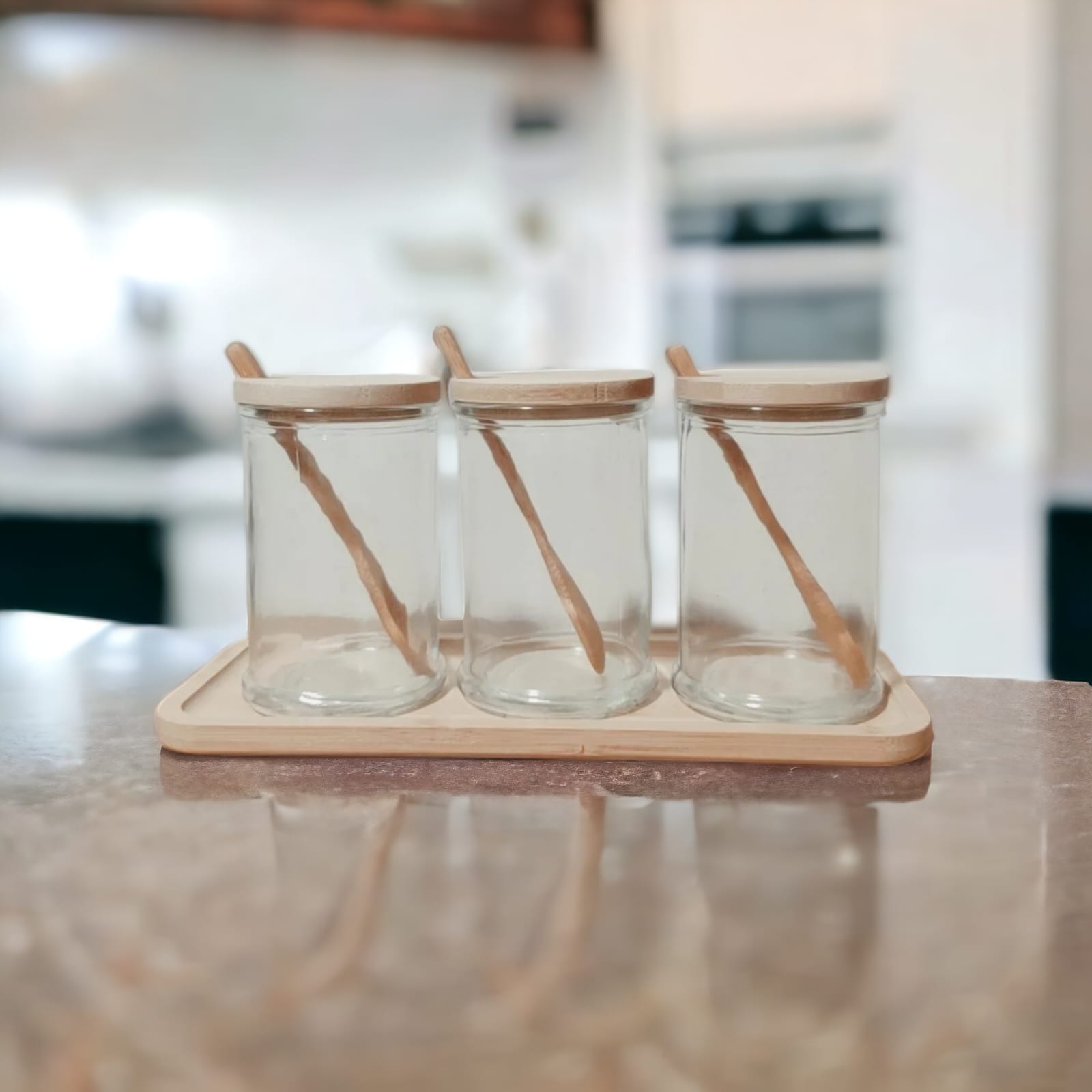 SET ACCESORIOS COCINA ZARA ALMOHADAS.PE MINIMALISTA MADERA NATURAL CONTENEDORES CONDIMENTEROS VIDRIO + FUENTE BAMBU - 4
