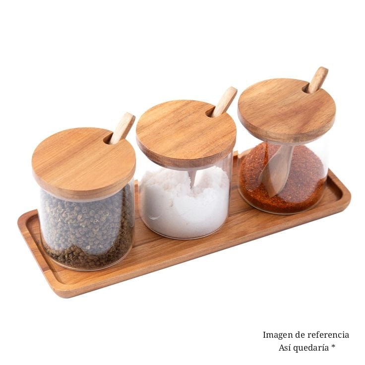 SET ACCESORIOS COCINA ZARA ALMOHADAS.PE MINIMALISTA MADERA NATURAL CONTENEDORES CONDIMENTEROS VIDRIO + FUENTE BAMBU - 5