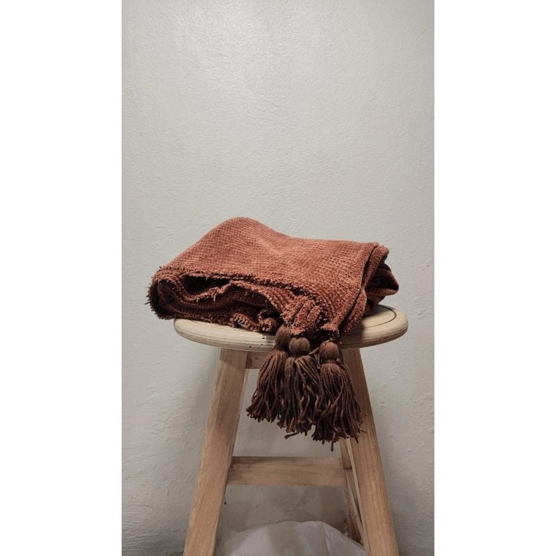 MANTA - PIE DE CAMA 250 × 200 CM EN TEJIDO WAFFLE CON BORLAS - COLOR CHOCOLATE - 3