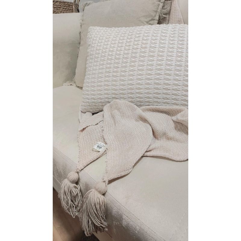 MANTA - PIE DE CAMA 250 × 200 CM EN TEJIDO WAFFLE + BORLAS - BEIGE - 3