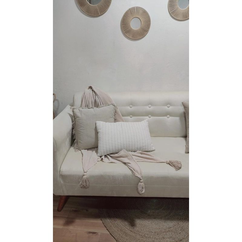 MANTA - PIE DE CAMA 250 × 200 CM EN TEJIDO WAFFLE + BORLAS - BEIGE - 4