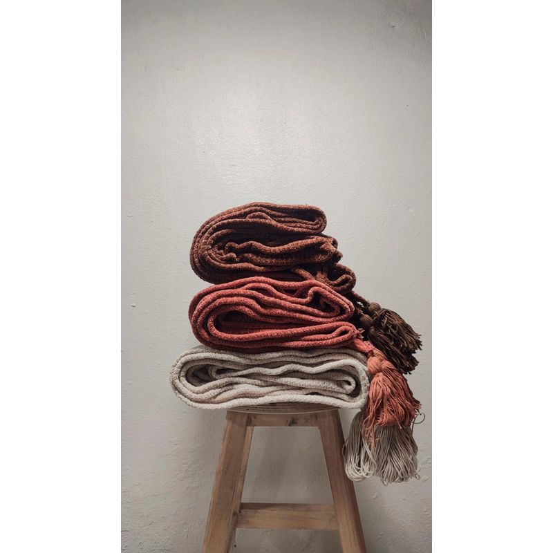 MANTA - PIE DE CAMA 250 × 200 CM EN TEJIDO WAFFLE + BORLAS - BEIGE - 6