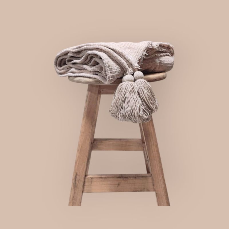 MANTA - PIE DE CAMA 250 × 200 CM EN TEJIDO WAFFLE + BORLAS - BEIGE - 7