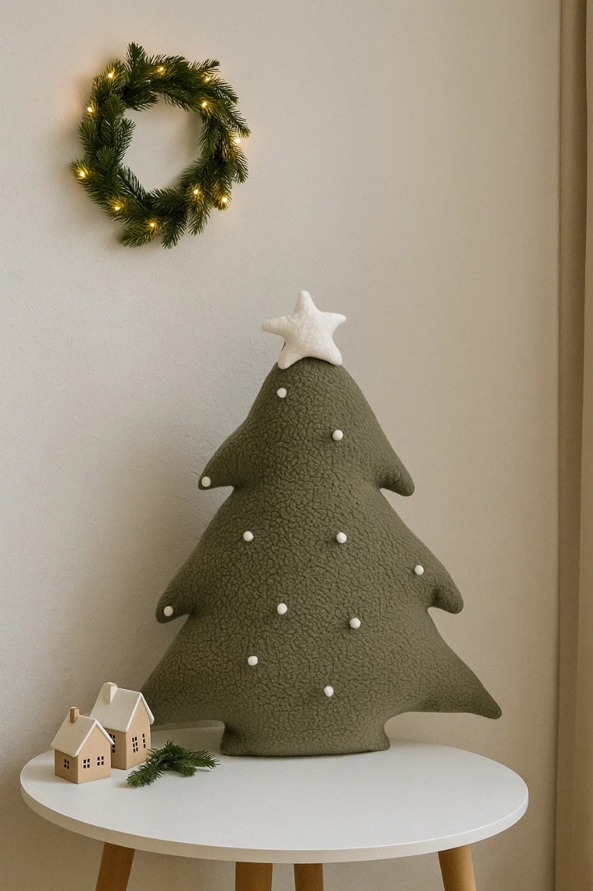 COJÍN NAVIDEÑO VERDE CON NIEVE DECO ARBOL DE NAVIDAD CREMA 35 X 40CM - 4