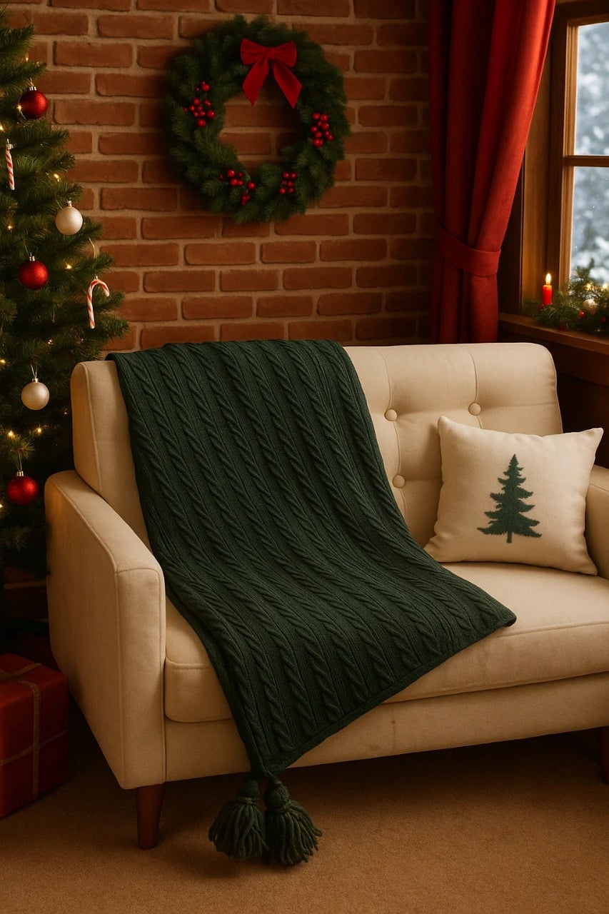 PIE DE CAMA VERDE RELIEVE TRENZAS + BORLAS 250X90 CM - VERDE / VERDE / 1,5 PLAZAS - 3