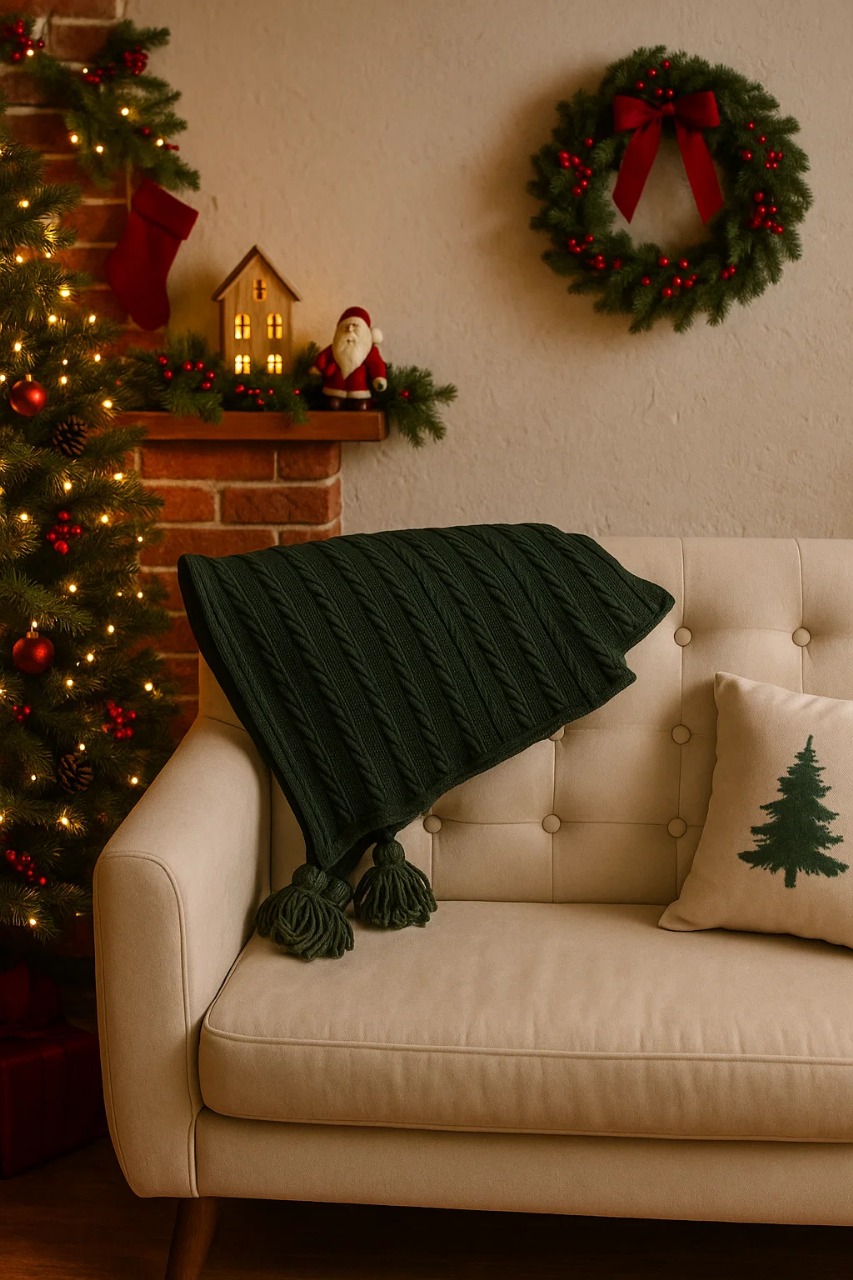 PIE DE CAMA VERDE RELIEVE TRENZAS + BORLAS 250X90 CM - VERDE / VERDE / 1,5 PLAZAS - 4