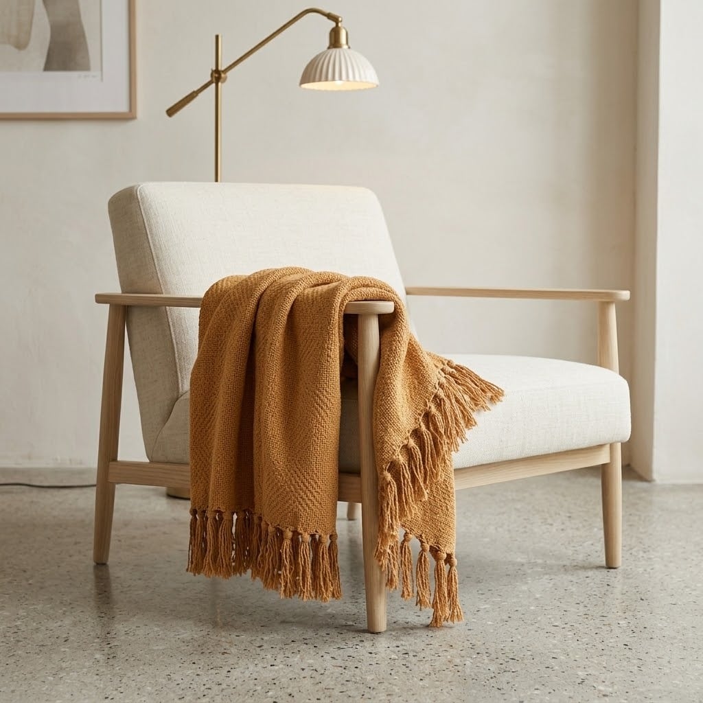 MANTA BOHEMIA NATURAL CAMEL CON BORLAS 200X200 CM - 4