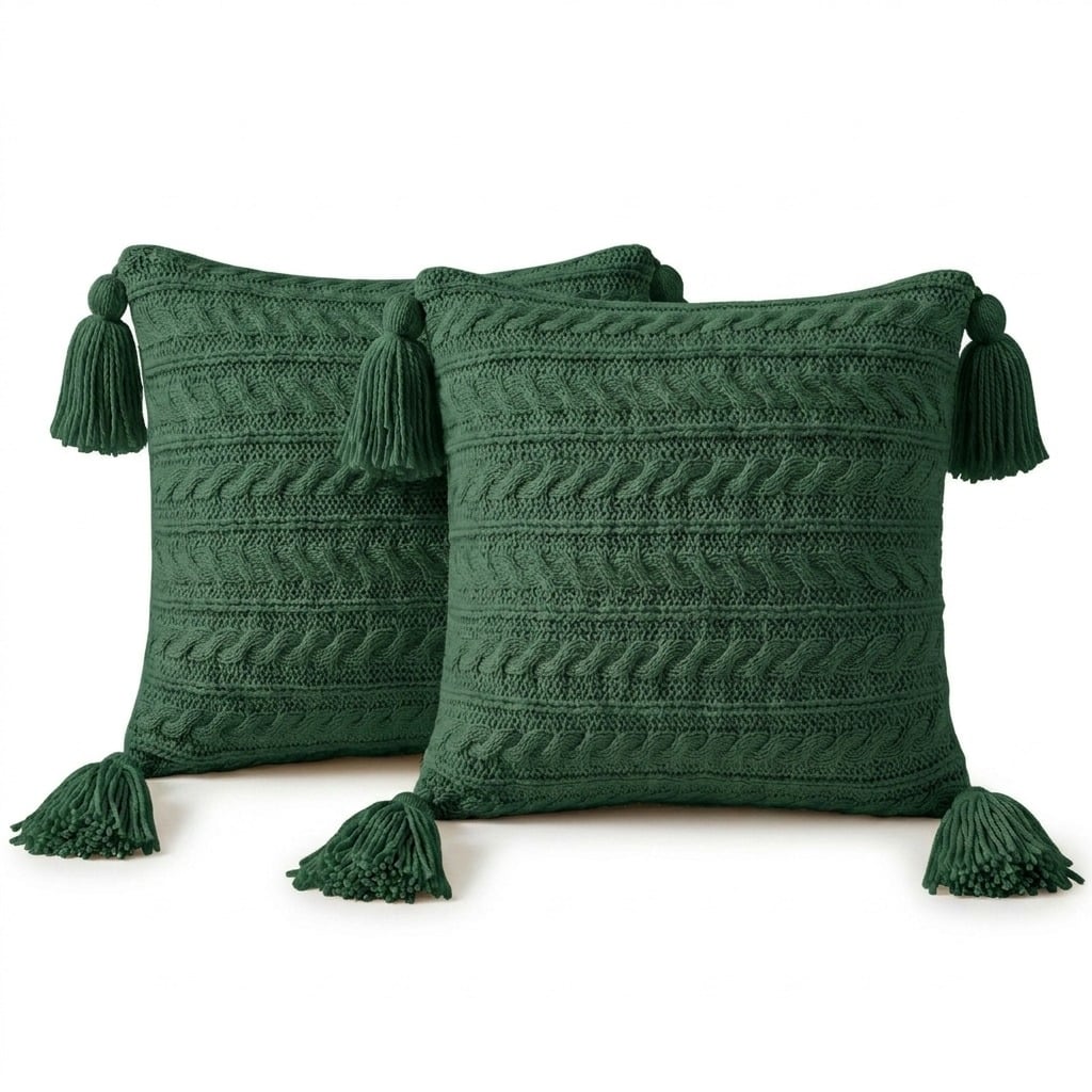 SET 02 COJINES TRENZADOS XL VERDE NAVIDEÑO CON BORLAS 45X45CM - 1