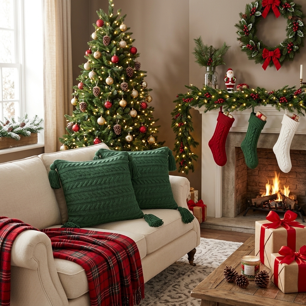 SET 02 COJINES TRENZADOS XL VERDE NAVIDEÑO CON BORLAS 45X45CM - 2
