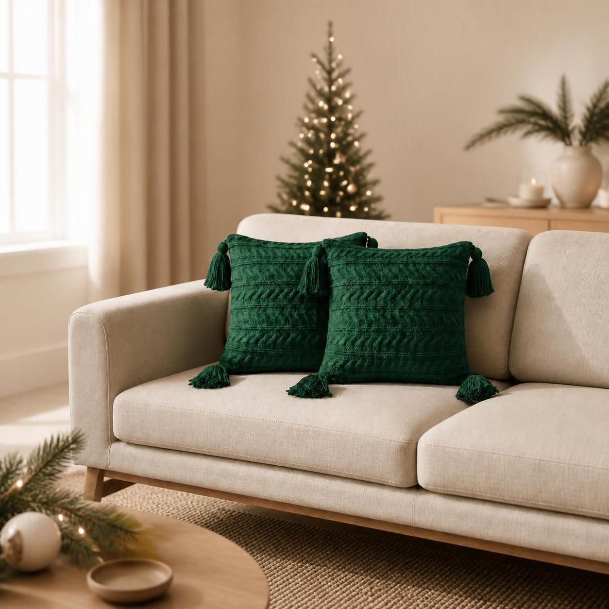 SET 02 COJINES TRENZADOS XL VERDE NAVIDEÑO CON BORLAS 45X45CM - 3