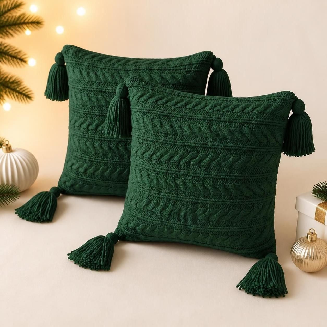 SET 02 COJINES TRENZADOS XL VERDE NAVIDEÑO CON BORLAS 45X45CM - 4