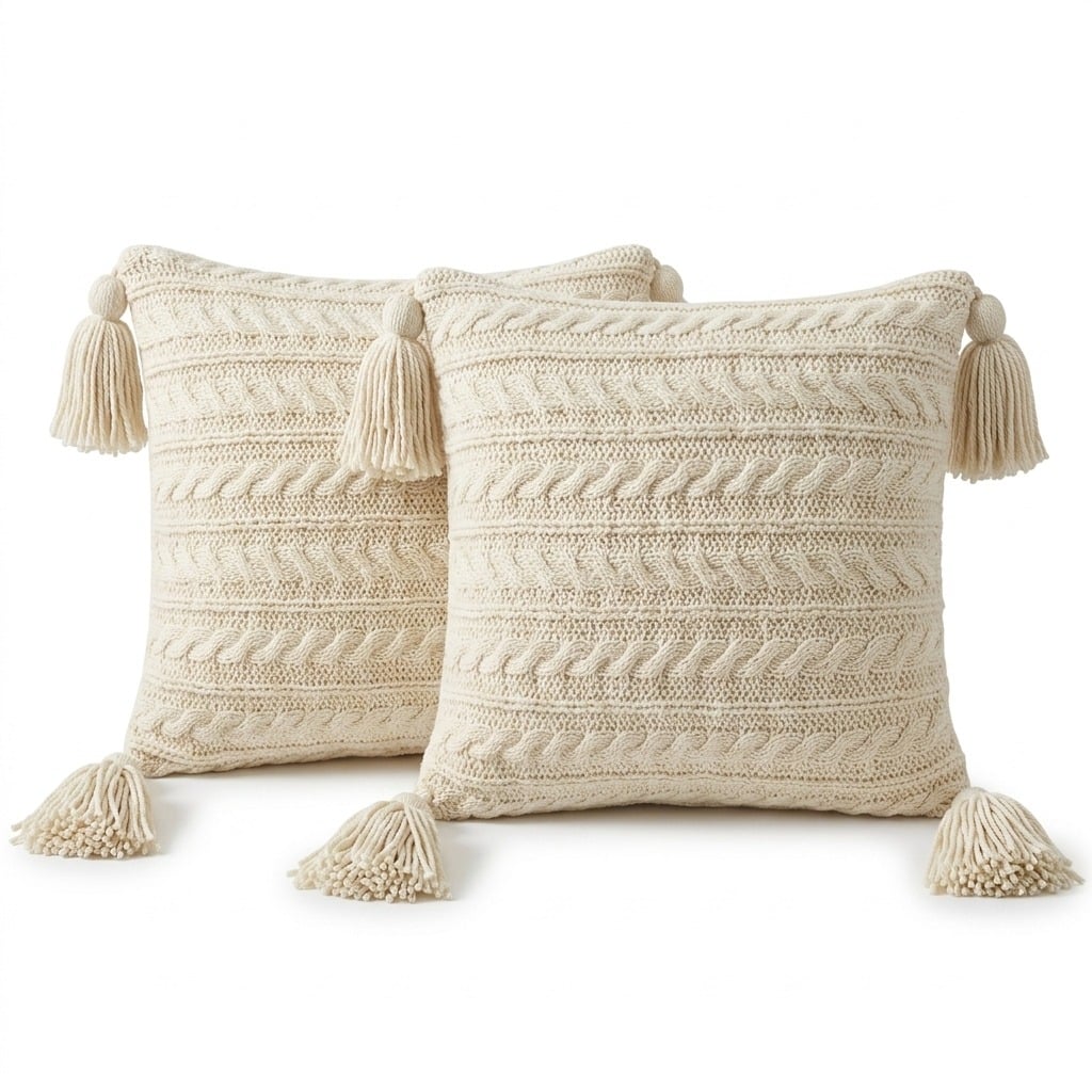 SET 02 COJINES TRENZADOS XL HUESO CON BORLAS 45X45 CM - 1