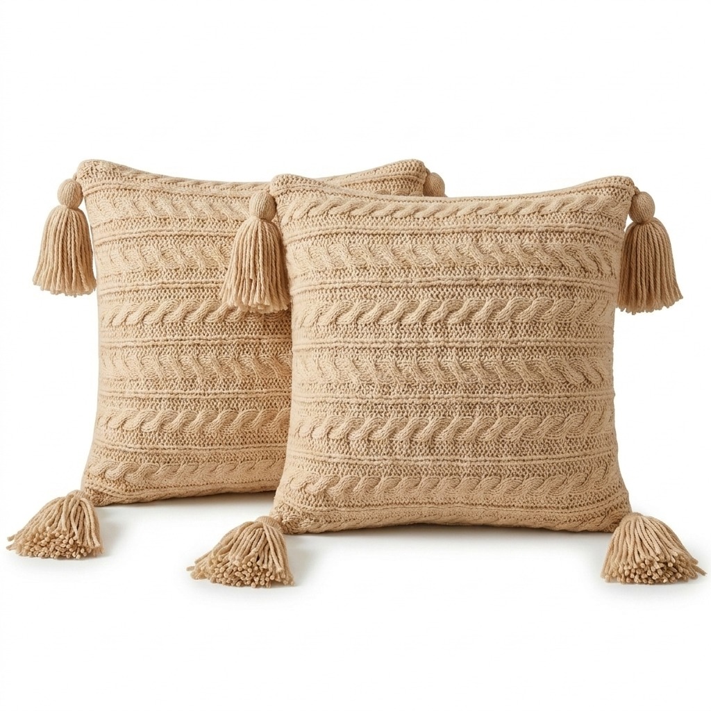 SET 02 COJINES TRENZADOS XL BEIGE OSCURO CON BORLAS 45X45 CM - 1