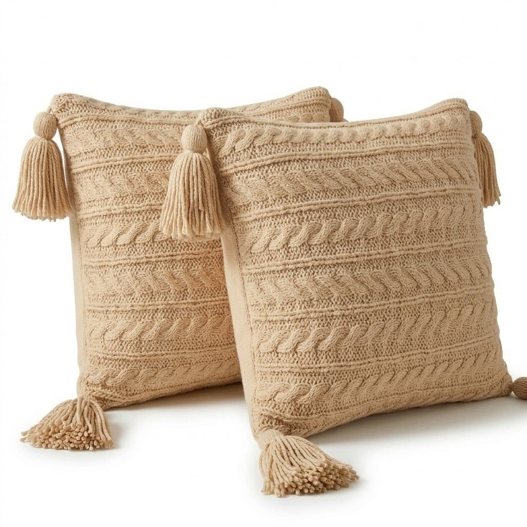 SET 02 COJINES TRENZADOS XL BEIGE OSCURO CON BORLAS 45X45 CM - 2