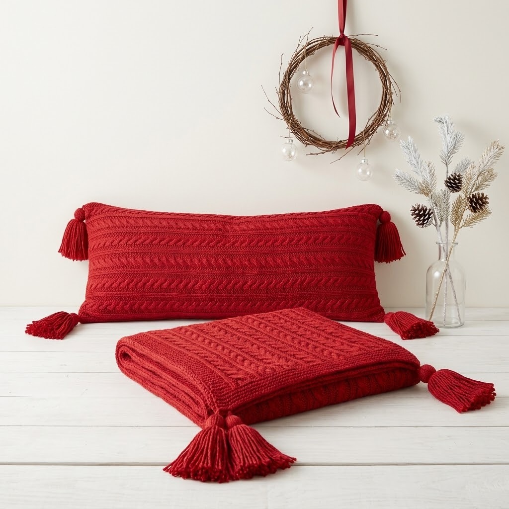 SET COJÍN + MANTA BOHO TRENZAS XL ROJO NAVIDEÑO CON BORLAS - 1