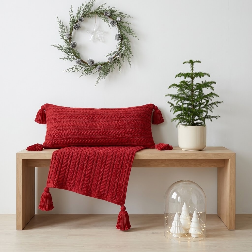 SET COJÍN + MANTA BOHO TRENZAS XL ROJO NAVIDEÑO CON BORLAS - 3