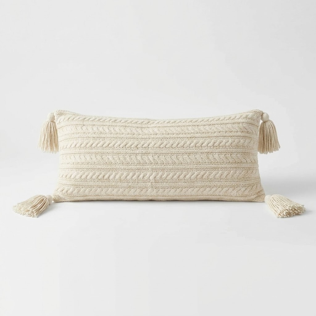 COJÍN BOHO TRENZAS XL HUESO CON BORLAS – 60 × 25 CM - 1