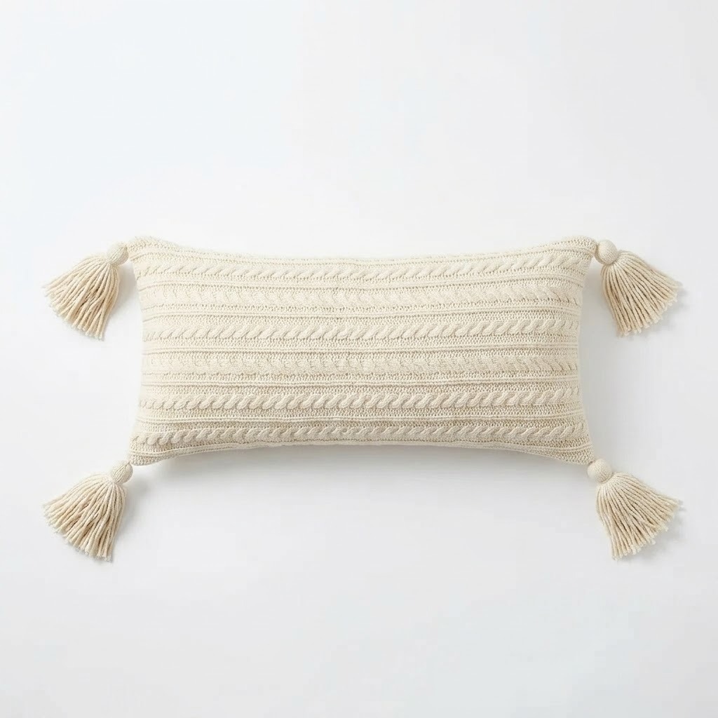 COJÍN BOHO TRENZAS XL HUESO CON BORLAS – 60 × 25 CM - 2