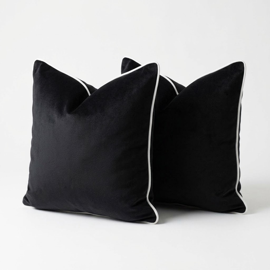 SET DÚO NEGRO ÓNIX – RIBETE IVORY (40×40 CM) - 1