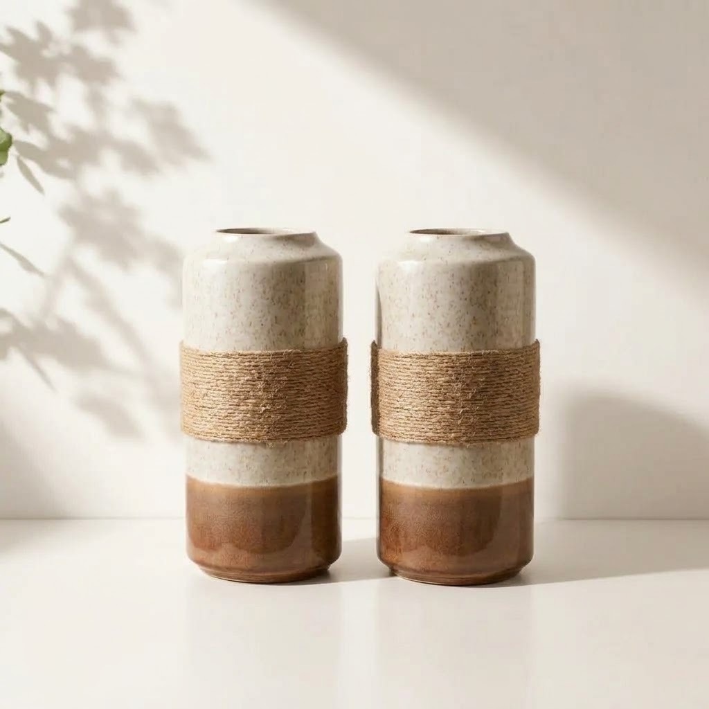 SET X2 JARRONES DECORATIVOS BOHO TERRA MARRÓN 11X22 CM – ZALMOHADAS - 1