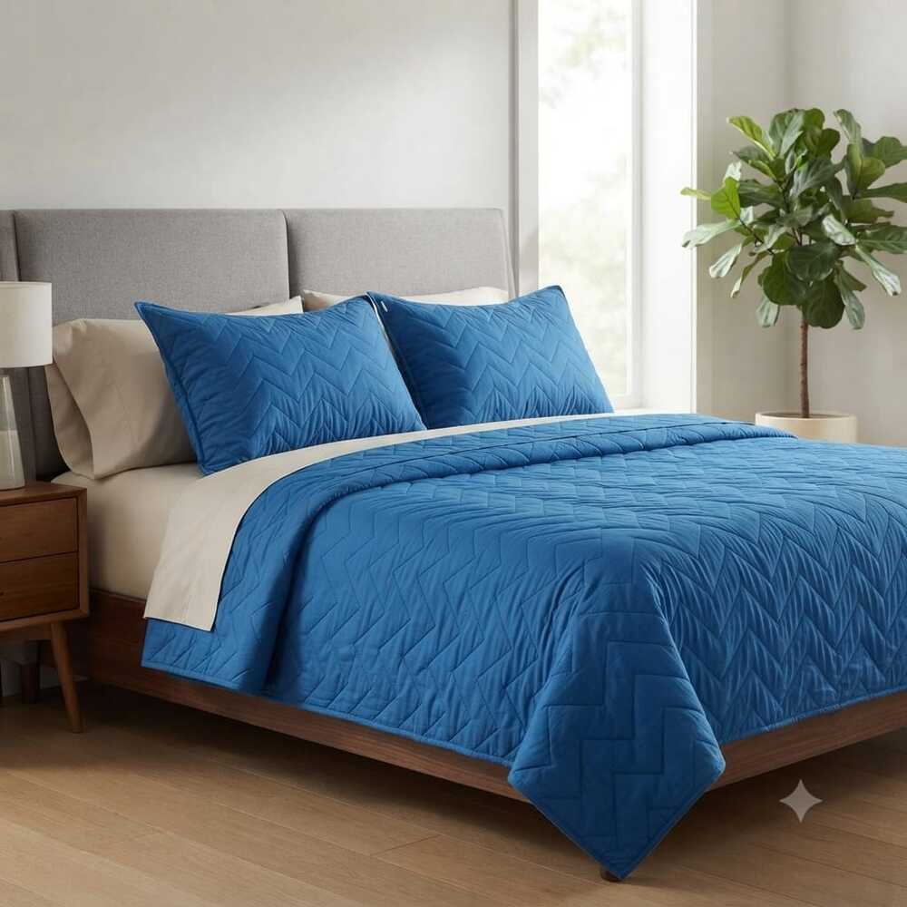 CUBRECAMA 100% ALGODON QUEEN AZUL CON FUNDA SHAM 132 HILOS FREE HOME - 1