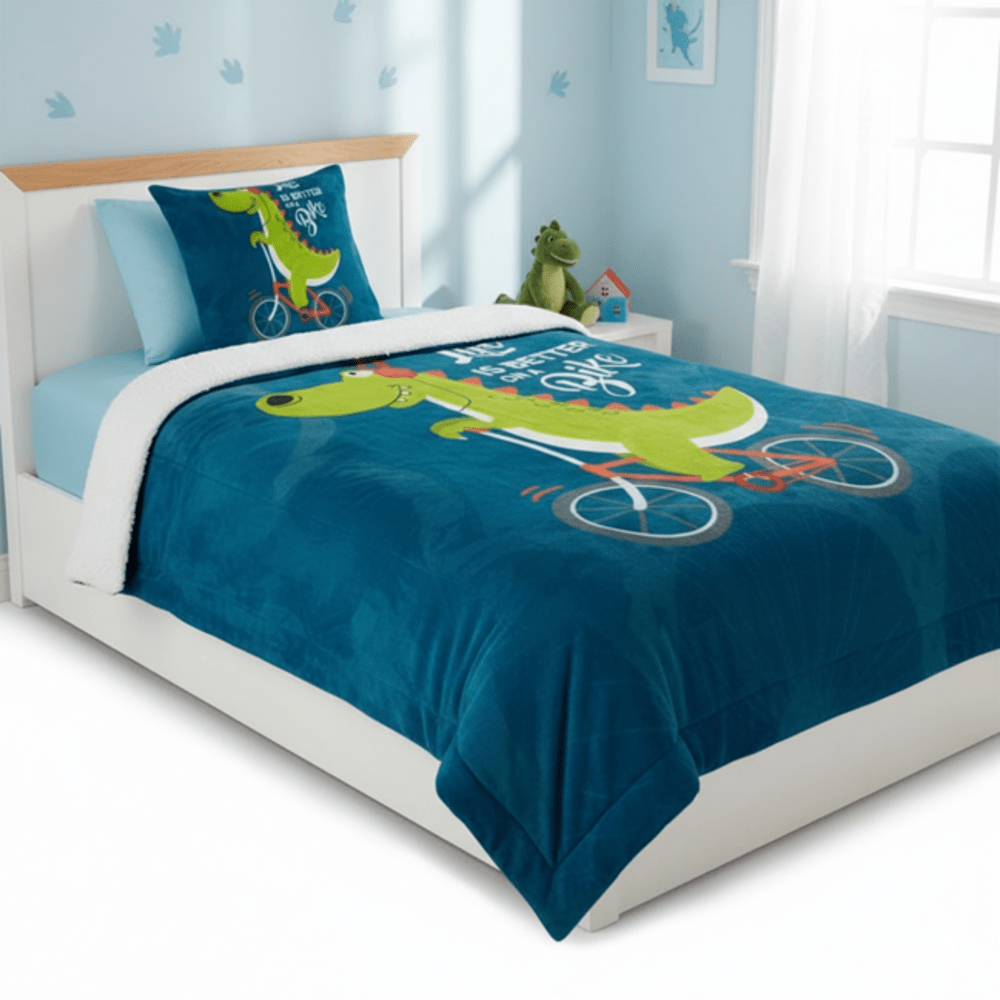EDREDÓN FRANNEL 2 PLAZAS CON REVERSO SHERPA  DINO BIKE + FUNDA DECORATIVA FREE HOME - 1