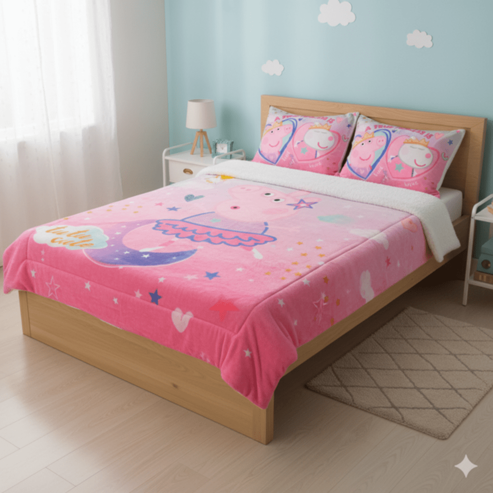 EDREDON FLANNEL NIÑA CON SHERPA Y FUNDA SHAM 1.5 PLAZAS PEPPA PIG CUTE FREE HOME KIDS - 1