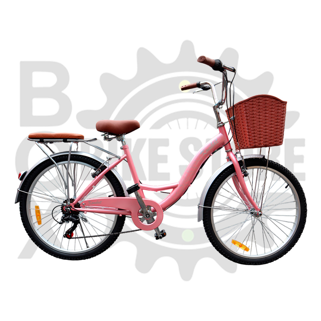 BICICLETA URBANA KOMBAT LADY ARO 24 CON CANASTA, PARRILLA Y 7 VELOCIDADES ROSA - 1