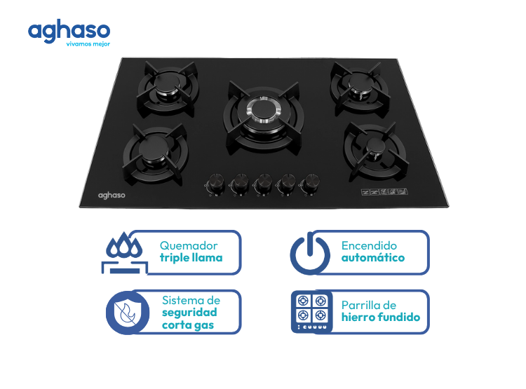 ENCIMERA 5 HORNILLAS AGHASO MESA VIDRIO 90 CM - GLP - 1