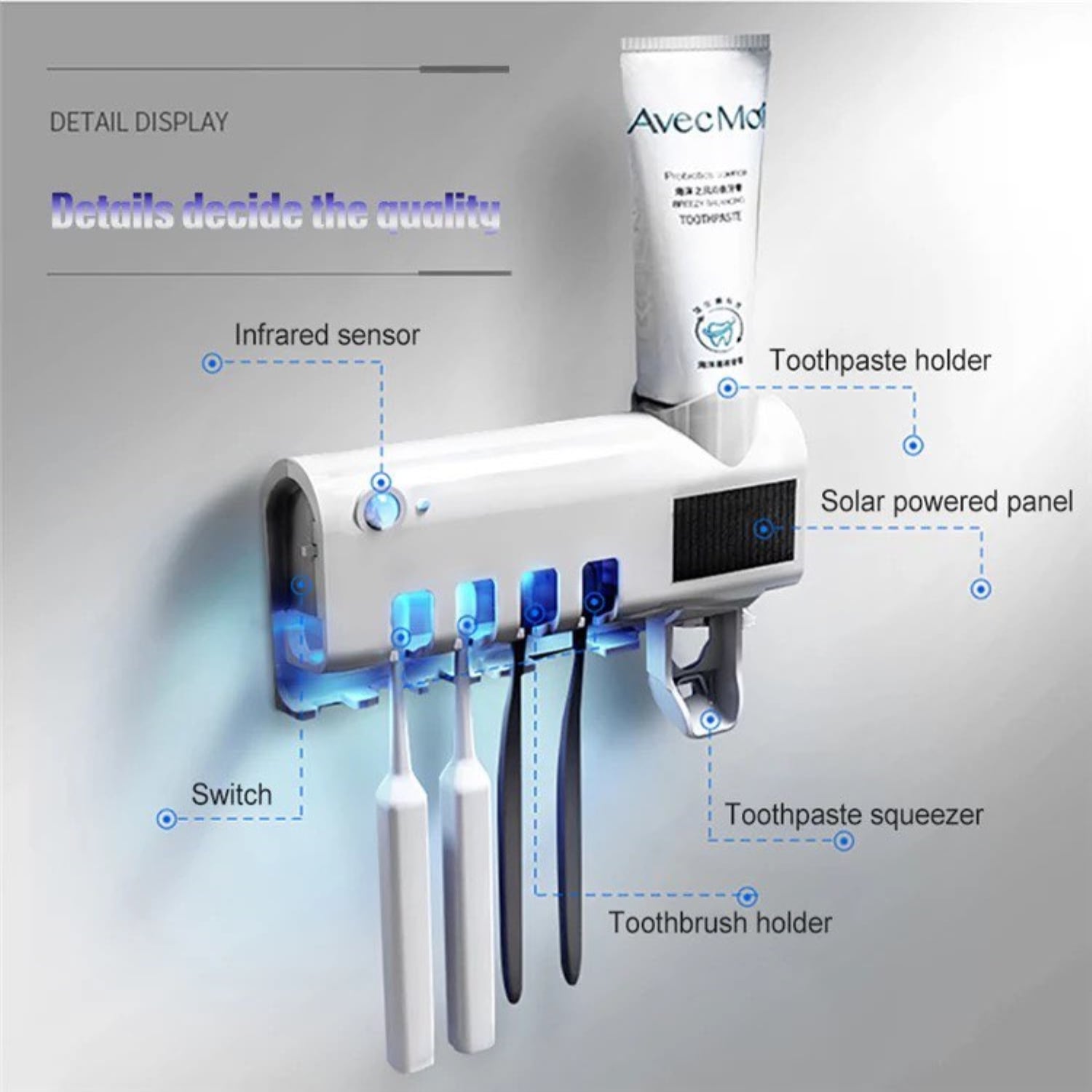 DISPENSADOR DE PASTA DENTAL CON PORTA CEPILLOS Y ESTERELIZADOR UV - 3