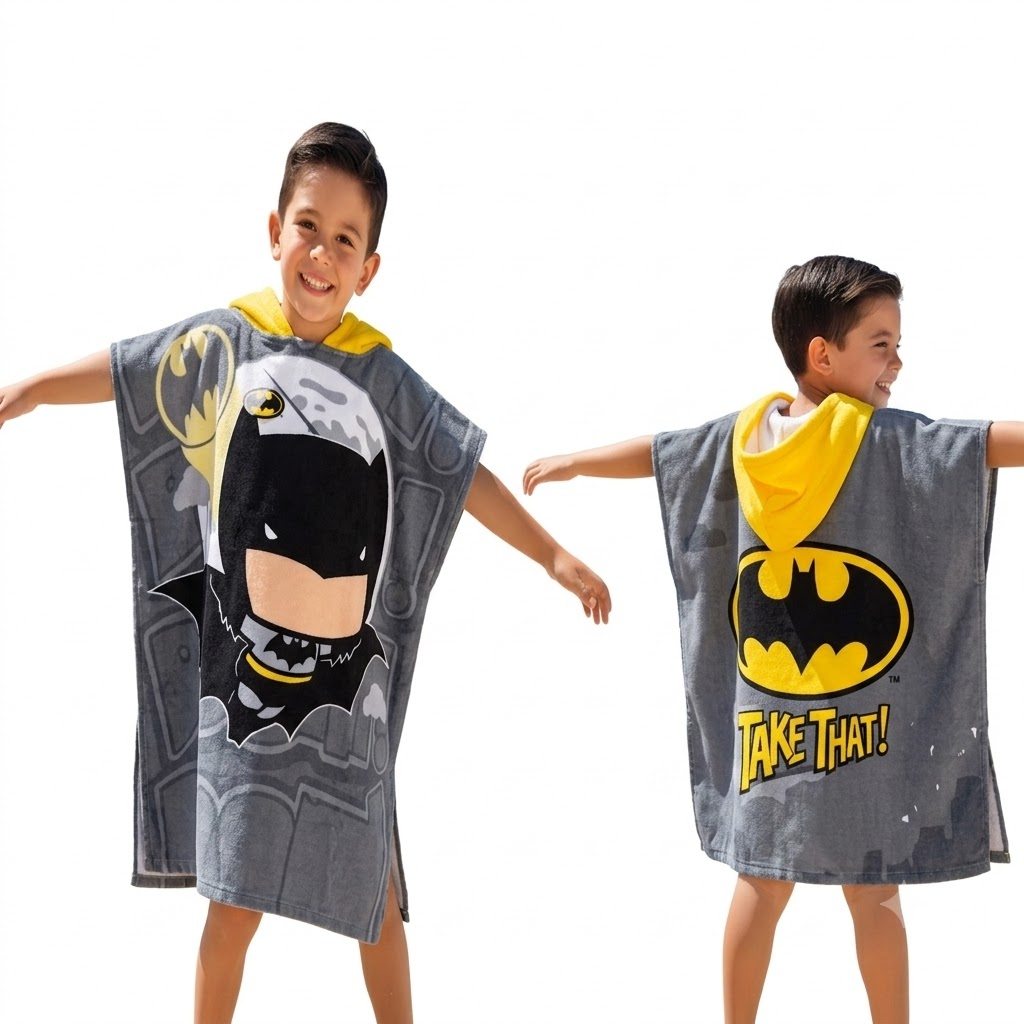 TOALLA PONCHO INFANTIL CON CAPUCHA GRIS SECADO RÁPIDO DISEÑO HÉROE - 7