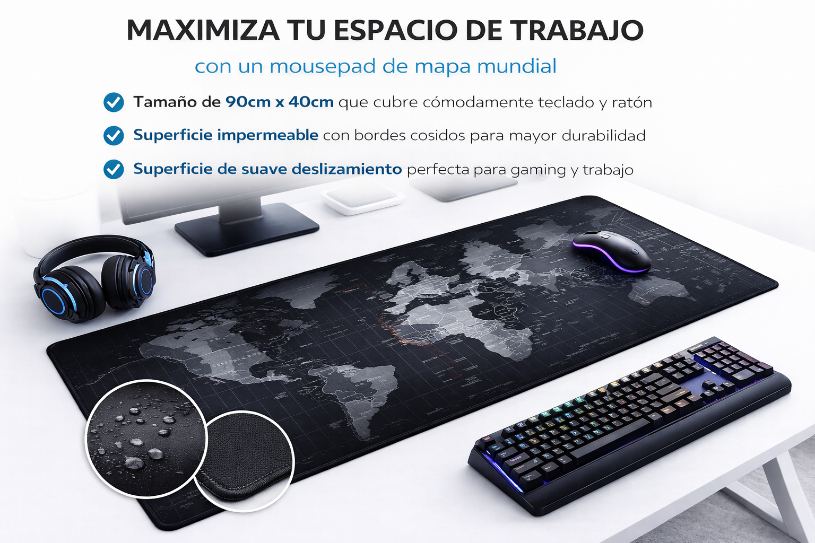 ALFOMBRILLA DE ESCRITORIO XXL 80X30 MAPA MUNDIAL PARA TECLADO Y MOUSE - 2