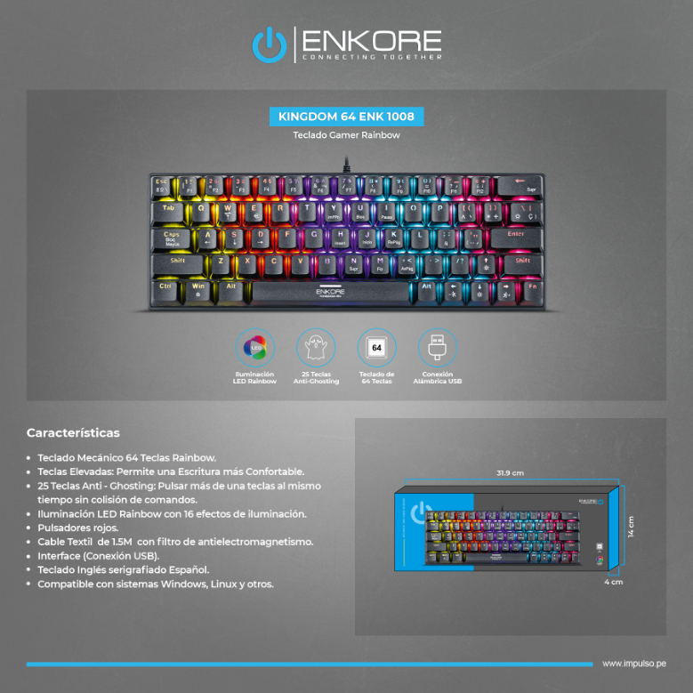 TECLADO MECÁNICO GAMER RGB ENKORE KINGDOM 64 ENK 1008 - 5
